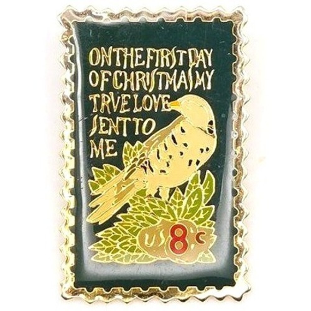 The First‎ Day of Christmas Partridge Bird 8 Cent Stamp Enamel Pin Gold Tone